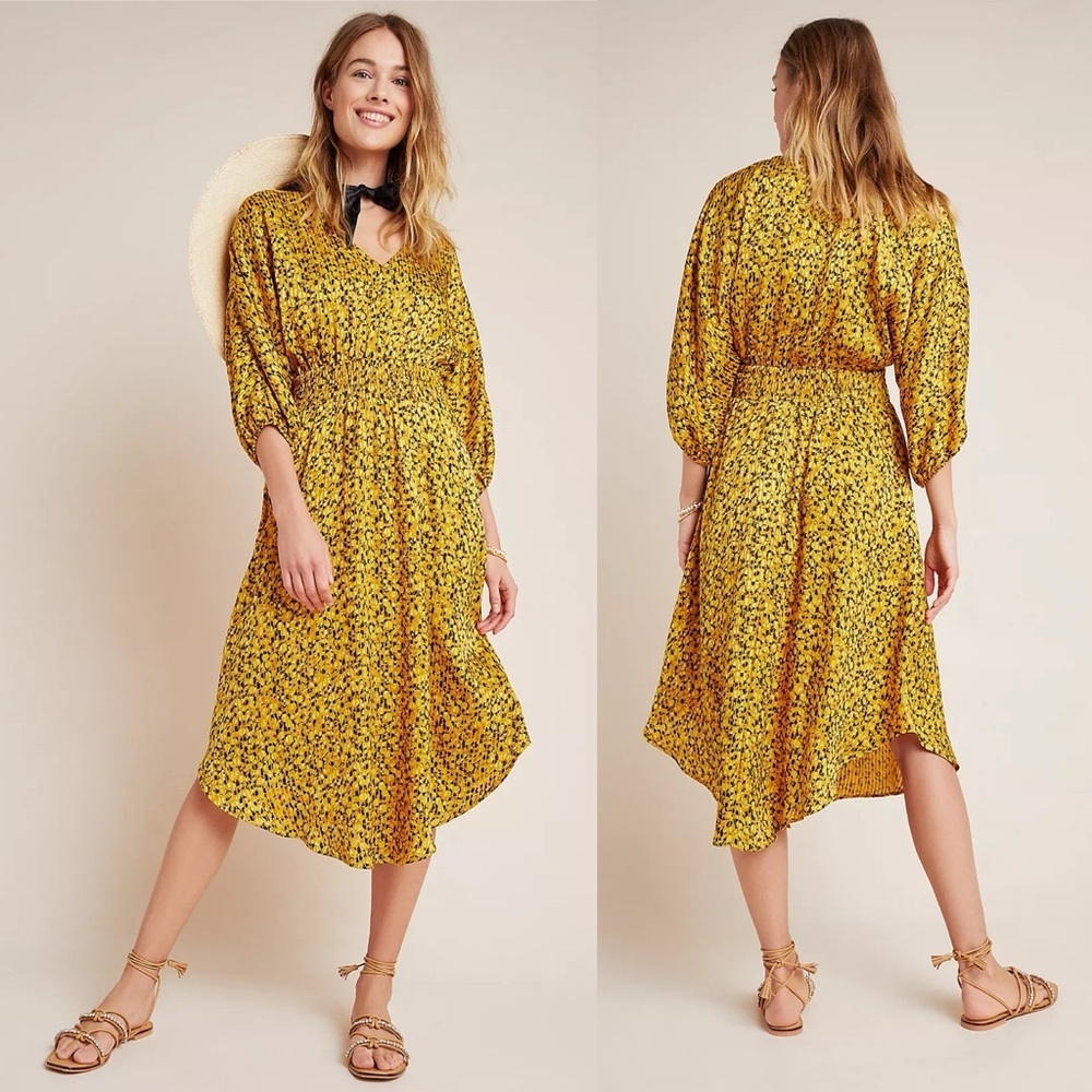 Anthropologie NWT Marigold Midi Dress Yellow Floral Flowers Midi Long Sleeve XS